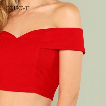  Red Elegant Workwear Sweetheart Slim Crop Top Fold Over Bardot Sleeveless 